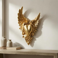 Carved Scrollwork Ornate Winged Heart Plaque French Style Heart Wing Wall Decor