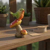 Mushroomed Bird Statue Handcrafted Look Bird on Mushroomed Figurine Whimsical Design Outdoor Decoration for Garden, Yard