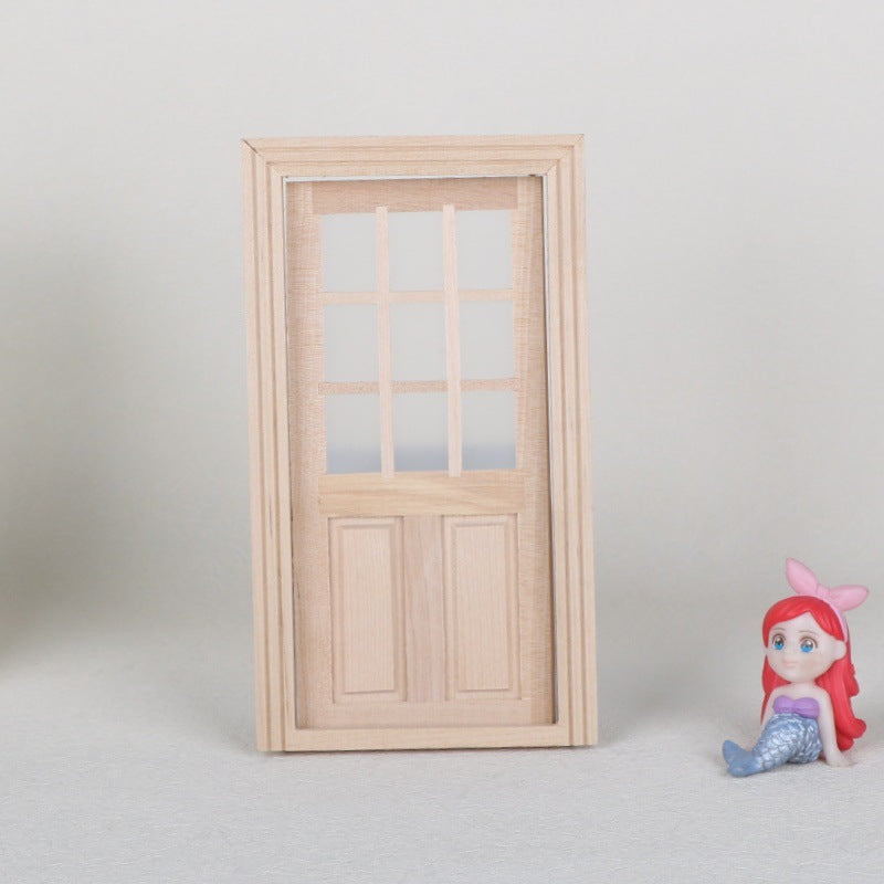 Miniature Wooden Door with Nine-Pane Glass Window for Dollhouse DIY
