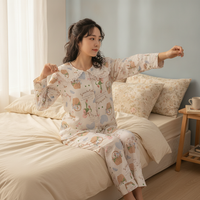 Women's Cloud Cotton Pajama Set with Lamb Embroidery, Long Sleeve Doll Collar Loungewear