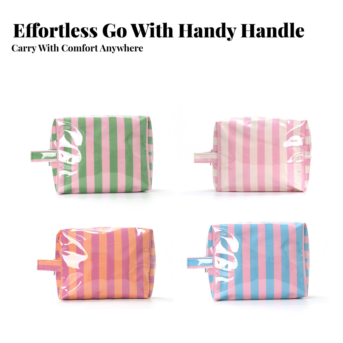 Soft Structured Striped Toiletry Pouch Carry Loop Transparent Makeup Bag