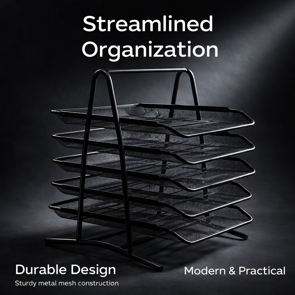5 Tier Metal Mesh Desk File Organizer, Stackable Office Storage Tray, A4 Document Holder for Workers, Filing Rack Organiser