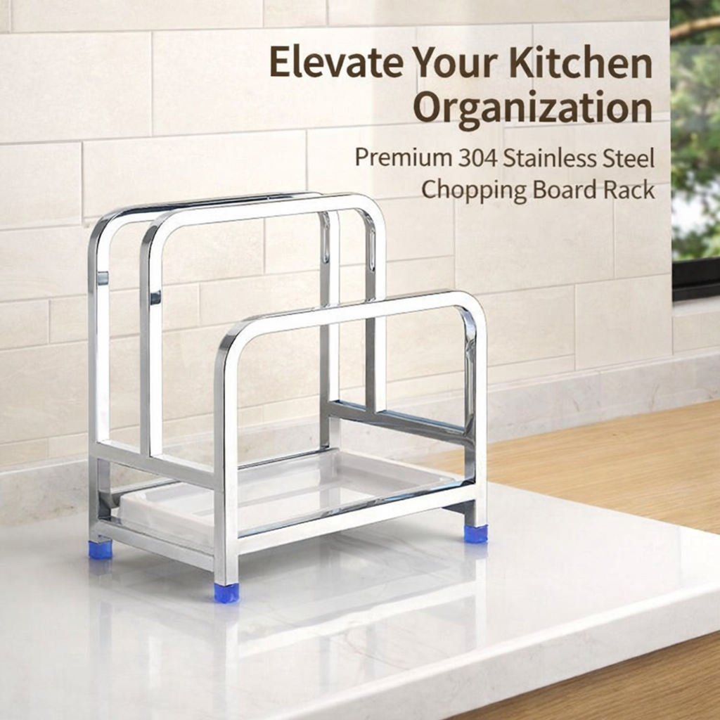 Pan Stand and Pot Lid Organizer for Home Cook, 304 Stainless Steel Cutting Board Holder with Thick Tray Rack