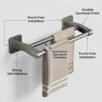 Washroom and Dorm Room Towel Rack for Students, Space Aluminum Double Bar for Bathroom 24 Inch or 18 No-Drill Self-Adhesive Storage