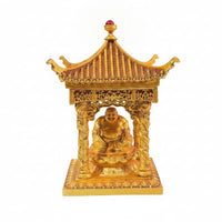 Tabletop Pagoda with Figure Gold-Toned Pavilion Ornament Compact Mini Pavilion for Collectors, Entryway