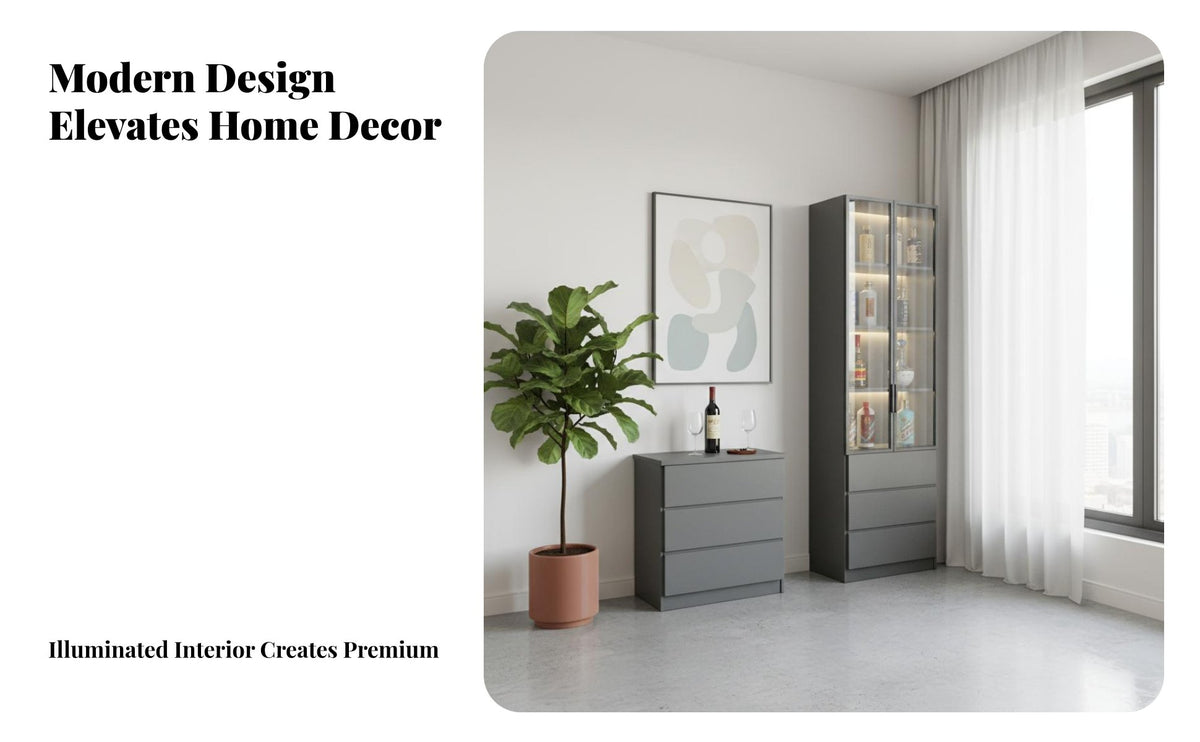 Easy to Clean Glass Door Display Cabinet Minimalist Design Tall Glass Door Cabinet LED Lighting Lighted Display Case Multipurpose Use for Homeowners, Book Lovers, Living Room, Bedroom, Home Office, Entryway