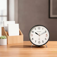 Large Arabic Numerals Desktop Analog Clock Dot Minute Markers Round Desk Clock Tabletop Stand Easy to Read Metal Rim