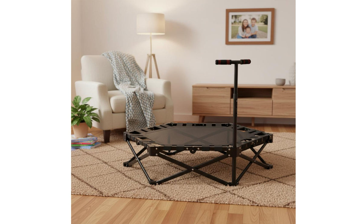 Adjustable Handlebar Foldable Mini Trampoline Stable Design Indoor Rebounder with Handle Space Saving Fitness Equipment Low Effect for Adults