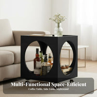 Retro Design Wheeled Cube Table with Cutouts Glass Surface Top Household Furniture Movable Design Rolling Cart Multifunctional for Apartment Dwellers, Office Workers, Living Room, Bedroom, Art Studio, Bathroom
