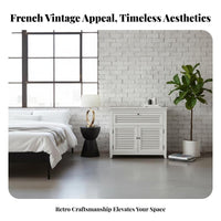 Distressed Finish Louvered Door Console French Country Design Storage Cabinet Retro aesthetic Home Furnishing sturdy Construction for Interior Decorators, Homeowners, Adults, Bedroom, Living Room, Entryway, Kitchen