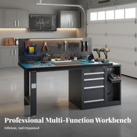 High Load Capacity Anti-Static Repair Table All-Steel Frame Heavy Duty Workbench Abrasion Resistant Workbench with Drawers and Pegboard Adjustable Feet for Technicians, Factory Workers, DIY Enthusiasts, Warehouse, Basement