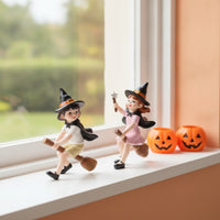 Witch Figurines with Brooms Halloween Boy and Girl Witch Statues Hand-Painted Ornament for Decorators, Collectors, Windowsill, Mantel, Bookshelf