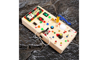 Natural Wood Construction LED Light Switch Busy Board Hand-Eye Coordination Toddler Activity Board with Switches Child-Safe Design LED Light Switch Toy Color Recognition for Toddlers, Preschoolers, Travel, Car Rides