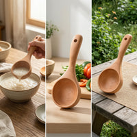 Beech Wood Spoon Long Handle Wooden Ladle Soup Ladle with Hanging Hole Deep Bowl Wooden Serving Spoon Smooth for Home Cooks