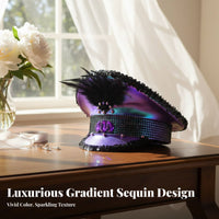 Glitter Naval Officer Hat Crystal Party Hat Iridescent Cap Feather Embellished Cap for Event Attendees, Event S, Raves