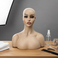 Mannequin Head with Shoulders Pierced Ears Hairpiece Display Head Mountable Base Realistic Display Bust for Retail Store
