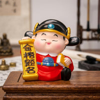Scholar Child Figurine with Scroll Plaque Compact Traditional Scholar Statue with Headdress Sculpture Colorful for Students
