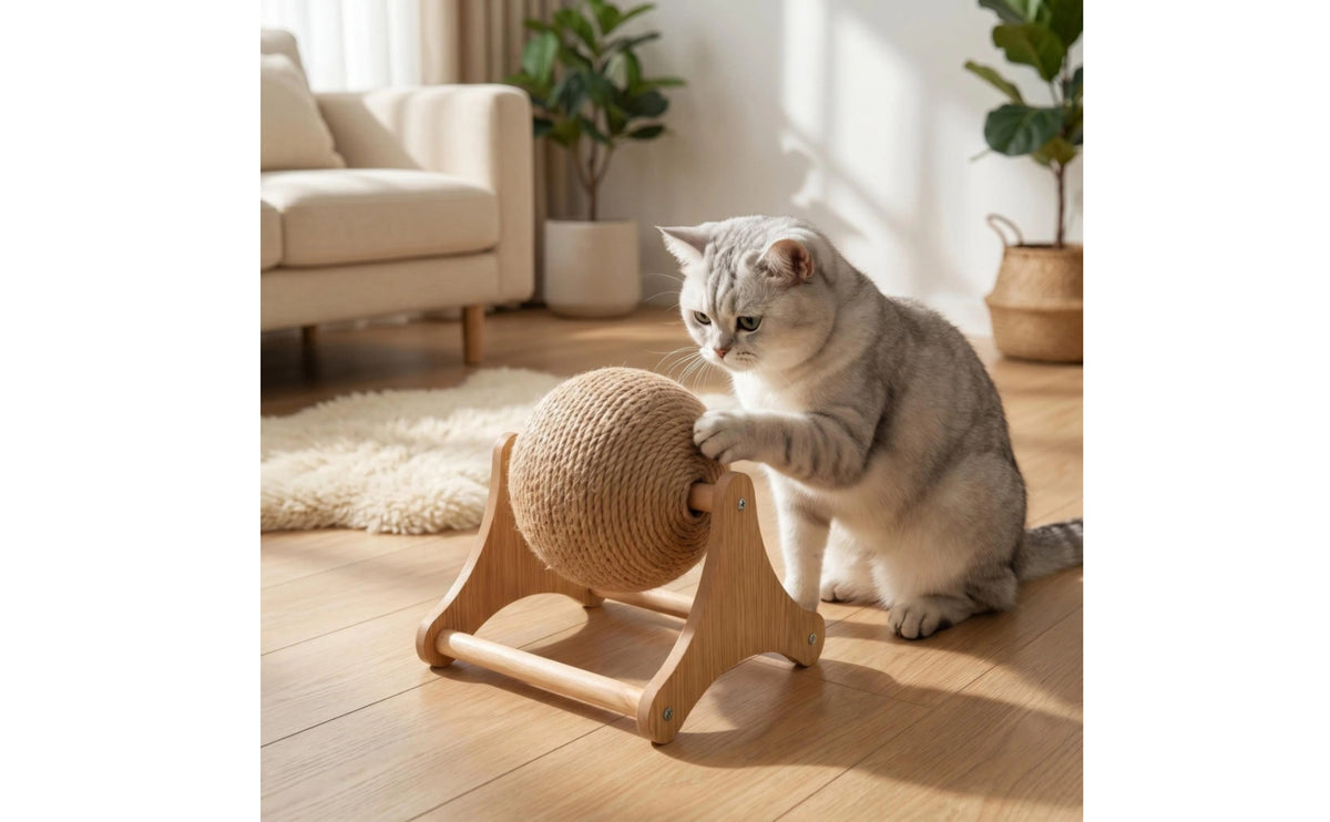 Rotating Cat Scratching Ball Sturdy Scratching Toy with Wooden Frame Long-Lasting Sisal Rope Ball Toy Space-Saving for Apartments