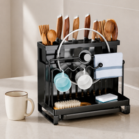 Stainless Steel Utensil Holder, Modern Countertop Cutlery Drainer with Double Chopstick & Rag Rack, Drip Tray for Small Kitchens