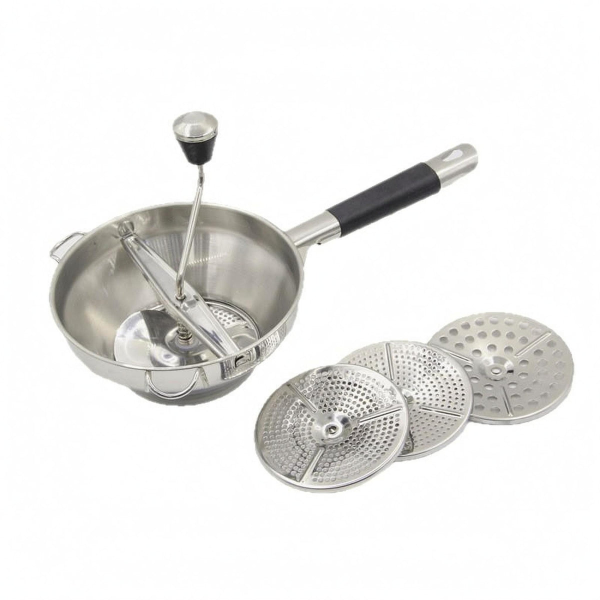 Perforated Food Mill with 3 Discs Silicone Grip Handheld Food Mill Long Metal Handle