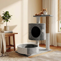 Cat Activity Center with House and Hammock, 2-Level Perch featuring Scratching Board, Simple Style Indoor Kitten Play Area for Small Areas