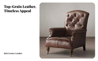 Top-Grain Cowhide Button-Tufted Armchair with decorative fasteners Vintage Western design Button-Tufted Club Chair Oil Wax Finish Lounge Seating Nailhead Trim for Interior Design aficionados, Homeowners, Living Room, perusing corner, Home Office, Library