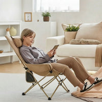 Collapsible Folding Lounge Chair with Cup Holder High-Back Reclining Camp Chair with Headrest Foldable Recliner Supportive for Backyard