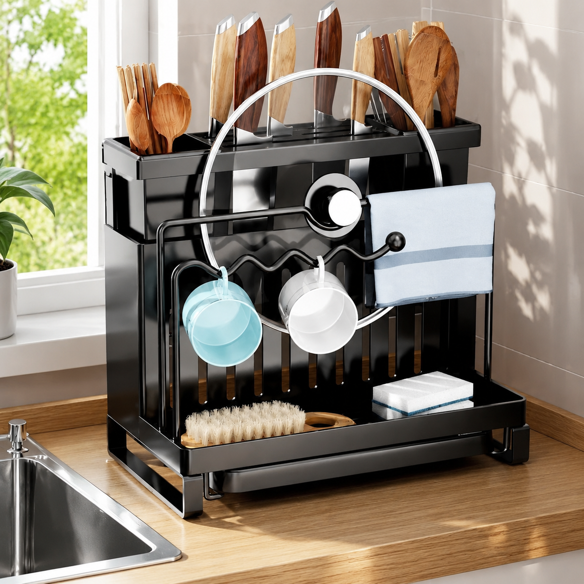 Stainless Steel Utensil Holder, Modern Countertop Cutlery Drainer with Double Chopstick & Rag Rack, Drip Tray for Small Kitchens