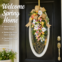 60cm Spring Door Swag, Artificial Mixed Floral Teardrop Swag for Front Door, Farmhouse Summer Wreaths for Home Decor UK