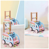 Interactive Ice Cream Truck Pusher Multi-Functional Wooden Baby Push Pusher Push Toy with Bead Maze Child-Friendly for Toddlers, Nursery