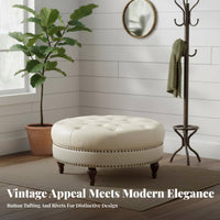 Retro Design Round Hassock Versatile Use Tufted Round Pouf Comfortable Ottoman Solid Wood Frame for Homeowners, Interior Decorators, Adults, Living Room, Clothing Boutique, Entryway, Reading Nook