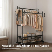 Movable Rolling Clothes Rack Multi-Functional Heavy Duty Clothes Rack Space Saving Clothing Stand 360° Swivel Wheels for Homeowners, Apartment Dwellers, Laundry Room, Entryway, Retail Shop, Yard Sale