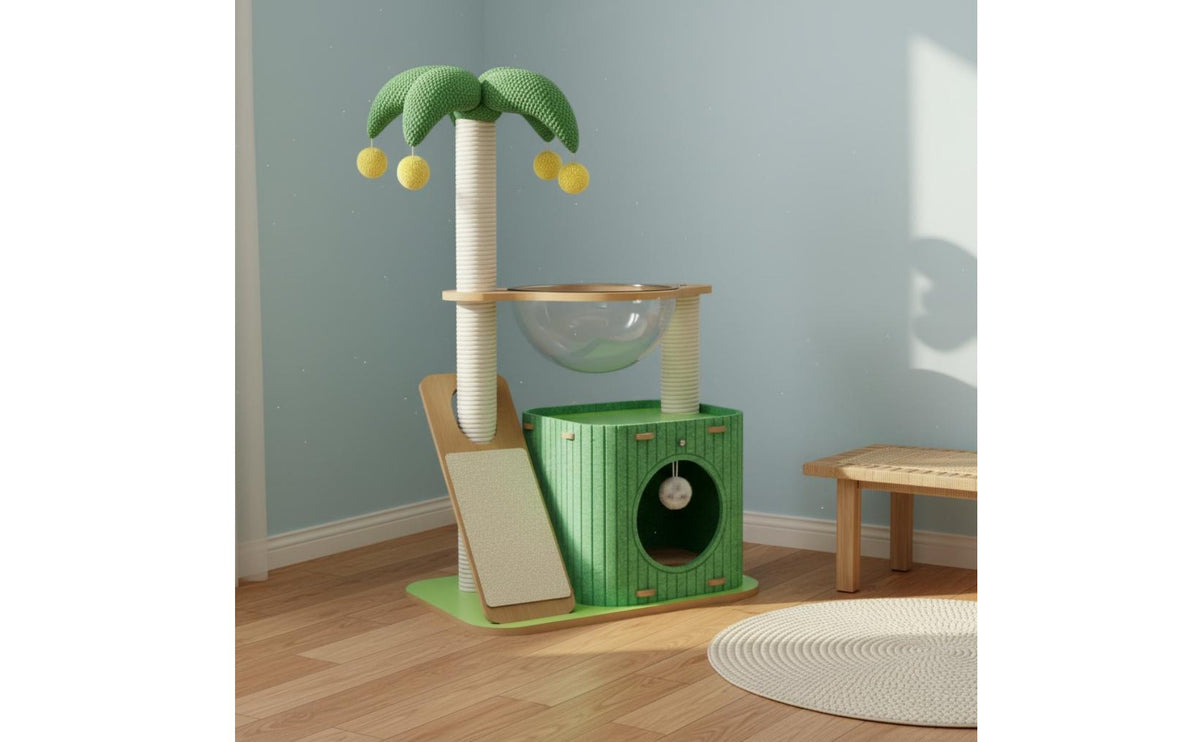 All-in-Single Design Coconut Tree Cat Condo Easy to Assemble Cat Scratching Post Tree Hanging Toys Skin-Friendly Material for Multiple Cats, Apartment