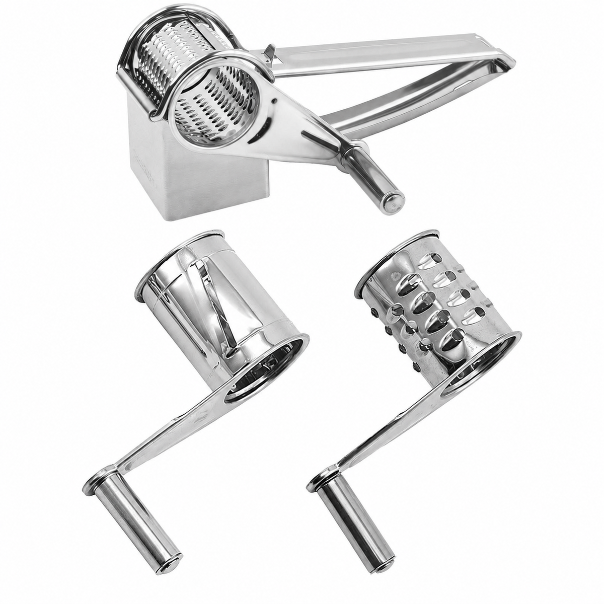 Manual metal cheese grater with two drums