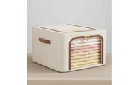 Storage Bin with Metal Frame Space-Saving Storage Box with Lid Foldable Textile Bin Heavy-Duty Portable for Wardrobe, Bedroom