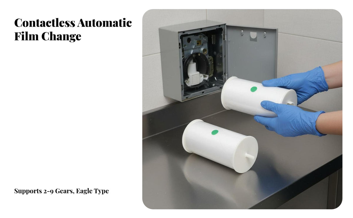 Waterproof Disposable Toilet Seat Film Roll Automatic Toilet Seat Cover Film Hygiene Product for Customers, General Public, Commercial Bathrooms, Airports, Restaurants