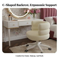 Shell-Shaped Backrest Plush Seashell Chair Comfortable padding Upholstered Rolling Chair Soft Upholstery Vanity Seat 360-Degree rotate for Women, Girls, Students, Bedroom, Dorm Room, Small Spaces