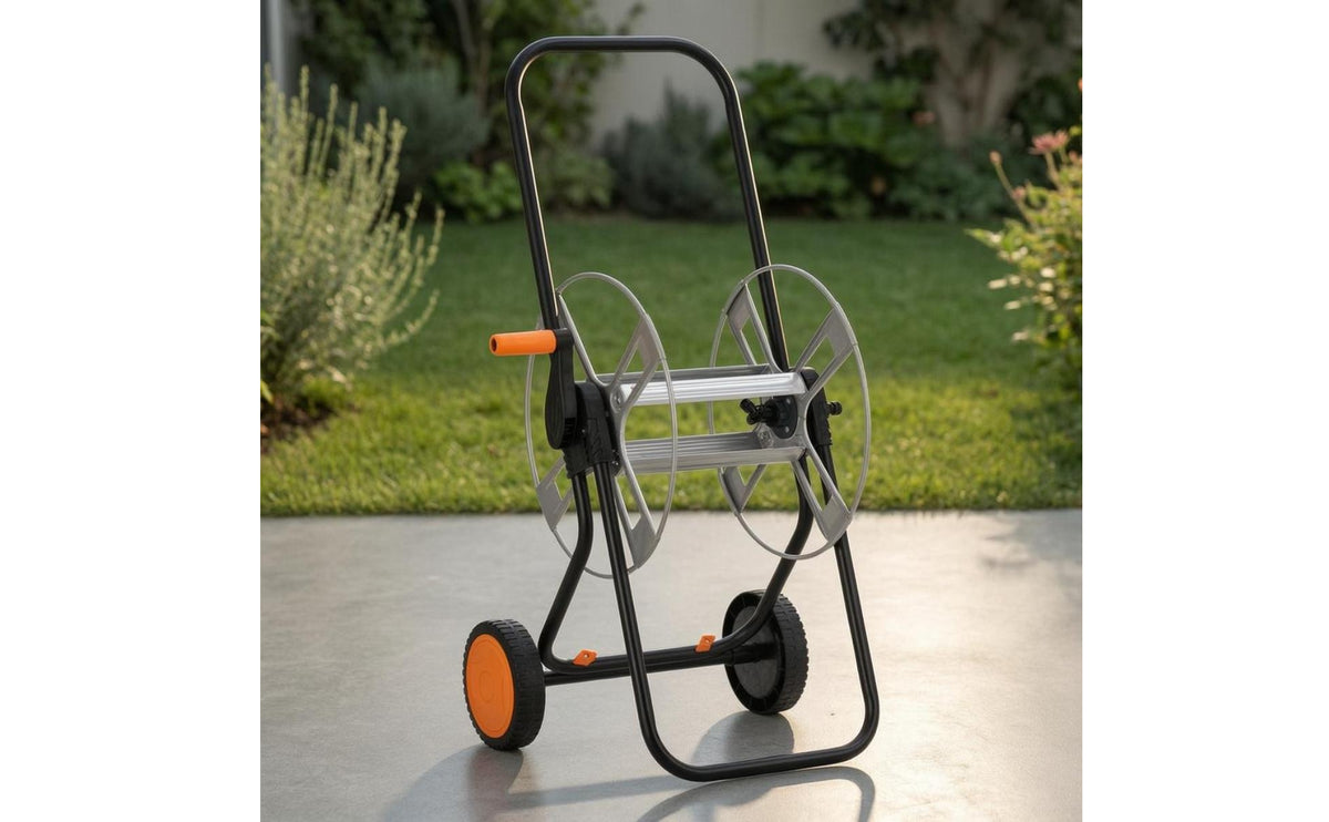 Metal Hose Reel Carrier Black Frame Wheeled Hose Reel Carrier Orange Crank Handle Outdoor Storage Painted Finish for Car Washing