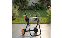 Metal Hose Reel Carrier Black Frame Wheeled Hose Reel Carrier Orange Crank Handle Outdoor Storage Painted Finish for Car Washing