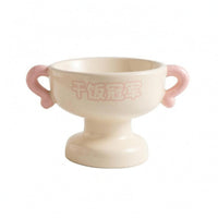 Glossy Elevated Pet Bowl Cream-Colored Pedestal Pet Bowl Loop Handles Whisker Friendly Cat Feeder Smooth