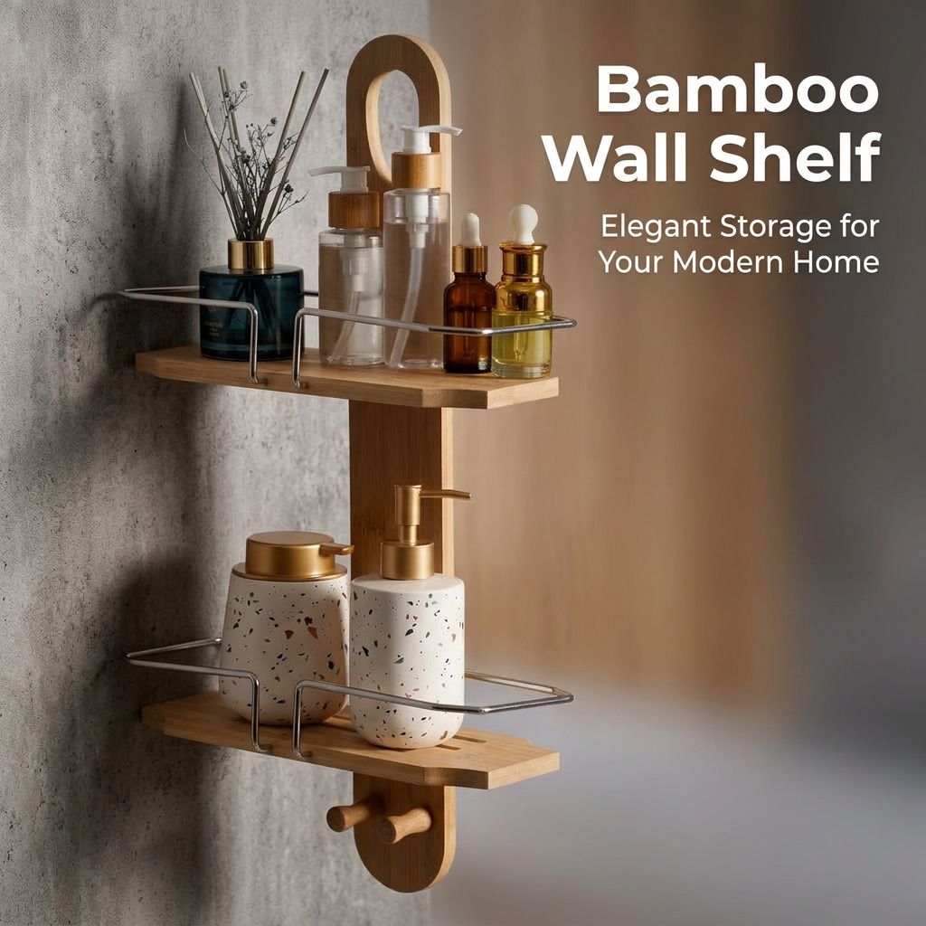 Bamboo Hanging Rack Storage, Bamboo Shower Shelf Organizer, Wall Mounted Shelf, Modern Minimalist Bamboo Organizer, Double Tier Shelf