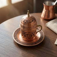 Handmade Copper Coffee Cup Set Engraved Turkish Coffee Cup Floral Pattern Drinkware Saucer