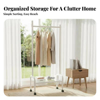 Nordic design Mobile Clothes Rack with Storage Baskets Portable on casters Wheeled Clothes Valet with Basket Space-Saving Garment Stand Multifunctional for Apartment Dwellers, Students, Homeowners, Bedroom, Entryway, Small Apartments, Laundry Room