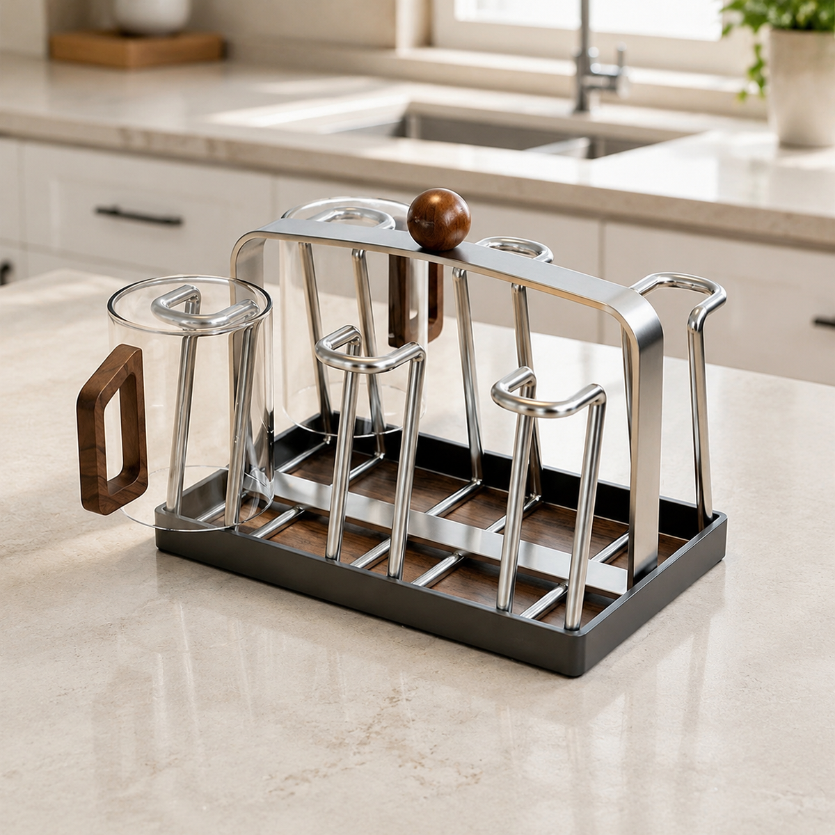 Mug Tree Holder, Stainless Steel Cup Drying Rack with Wooden Base, Walnut Colour Anti Rust Space Saving Countertop Organiser