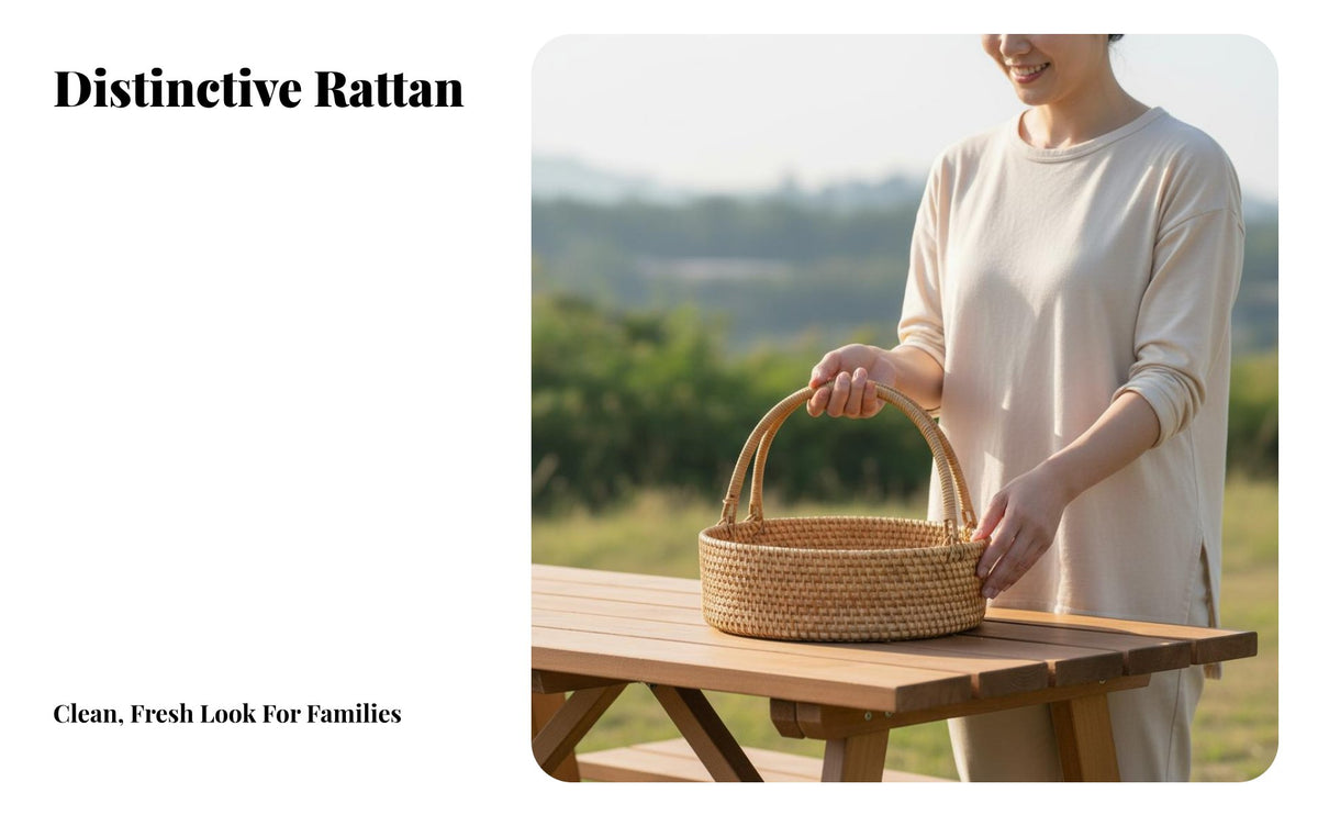 Natural Material Japanese Design Fruit Basket Multi-Purpose Rattan Basket with Handles Portable Rustic Charm for Picnickers, Event Planners, Outdoor, Kitchen, Dining Table, Living Room