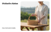 Natural Material Japanese Design Fruit Basket Multi-Purpose Rattan Basket with Handles Portable Rustic Charm for Picnickers, Event Planners, Outdoor, Kitchen, Dining Table, Living Room