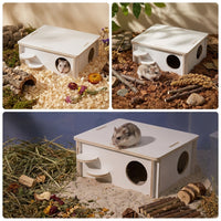 Wooden Small Animal House with Climbing Ladder, Multi-Level Habitat for Syrian Rodent Cage, Small Pet Accessory with Two Entrances and Ramp