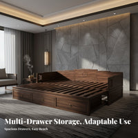 Extendable Classic Bed Multifunctional Solid Wood Storage Sofa Bed Space Saving Walnut Daybed with Drawers for Guests, Adults, Living Room, Sleepovers