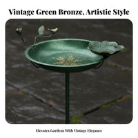 Vintage Green Copper Bird Bath Feeder Flower-Shaped Metal Bird Bath Shallow Basin Garden Decor Ground Stake for Park, Scenic Area, Balcony