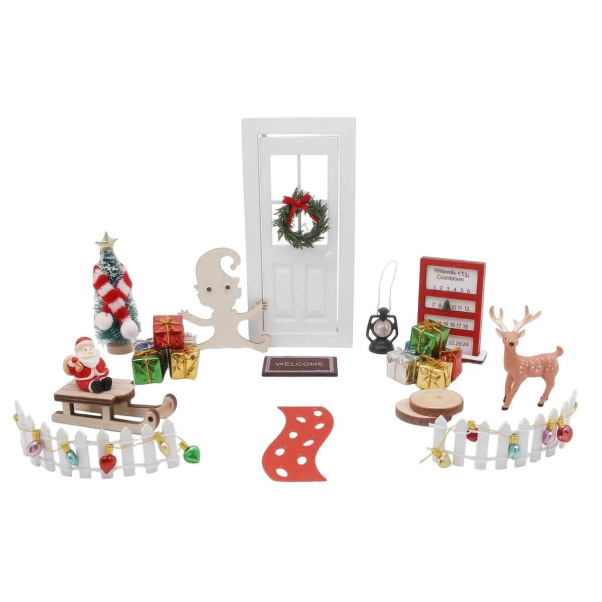 Tabletop Christmas Dollhouse Decorations Kit Tiny Christmas Dollhouse Kit Detailed Elf Door Set with Wreath Lightweight for Hobbyists